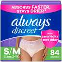 Always Discreet Adult Diapers for Women, Incontinence Underwear, Postpartum Essentials, Disposable Briefs, Max Absorbency, Bladder Leak Protection, Small/Medium, 84ct