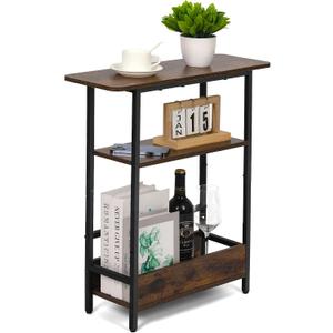 Narrow Side Table for Small Spaces, 3-Tier Small End Table with Storage Shelf and Magazine Holder, Slim and Skinny Nightstand for Bedroom, Living Room Sofa Table for Space Saving, Brown, 22 x 7.8 x 26.5 inches