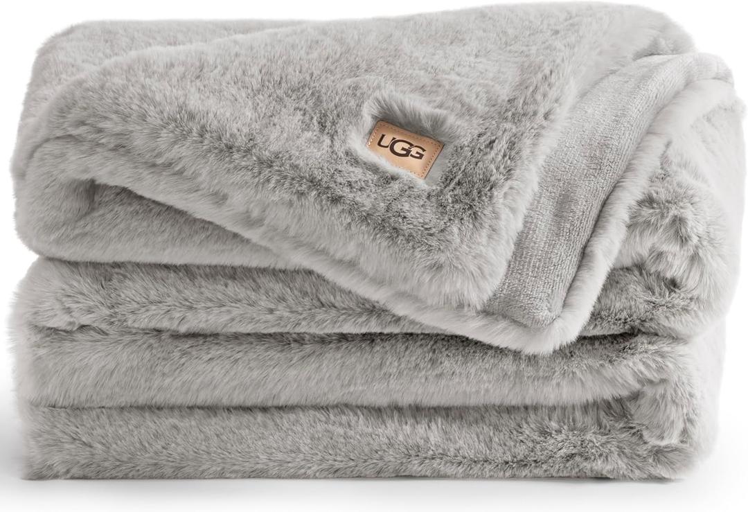 UGG Plush Faux Fur Throw Blanket Reversible Medium Weight Luxury Soft Throw Blankets for Bed or Chair, Hypoallergenic, Machine Washable, Home Decor, 50-inch x 70-inch, Seal Light Grey (Euphoria) (Silver)