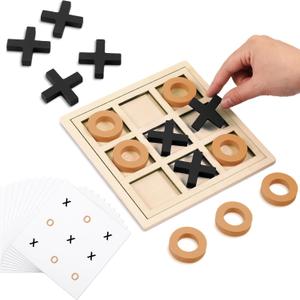 Jumbo Wooden Tic Tac Toe Game Dementia Activities for Alzheimers Seniors with Matching and Puzzle Templates XO Chess Board Game for Elderly Engaging Table Decor (Black, Orange)