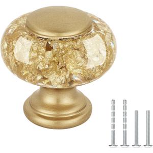 OLV Gold Dresser Knobs 8 Pack, 1-1/4 Inch Crystal Decorative Kitchen Cabinet Drawer Knobs, Embedded Gold Foil Finial Design, Unique Vintage Handle for Dresser Drawer Kitchen Closets