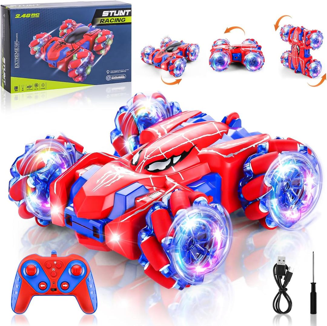 Spider Remote Control Car, 2.4Ghz RC Cars with Headlight Double Sided Off-Road 360 Rotating Rechargeable 4WD RC Stunt Car Indoor Outdoor Spider Toys for Boys 4-13 Yrs Old (Single Control Red)