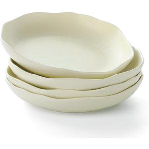 Pasta Bowls Set of 4, Ceramic 24.5oz Serving Salad Bowl, Large 8.5 inch Wide Shallow Soup Bowls with Wavy Rim, Easy to Clean, Oven Microwave Dishwasher Safe for Fruit Pasta Salad Dinner -Beige