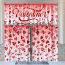 Breling 3 Pcs Valentine's Day Kitchen Curtains Valances and Tiers Set for Window Heart Bow Knots Romantic Decor Short Curtain Set for Bedroom Window Treatment Decor Party Favor Supplies
