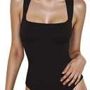 Women's Square Neck Sleeveless Bodysuit Slim Fit Stretchy Tank Top for Summer Layering, Casual Outfits (Black, M)