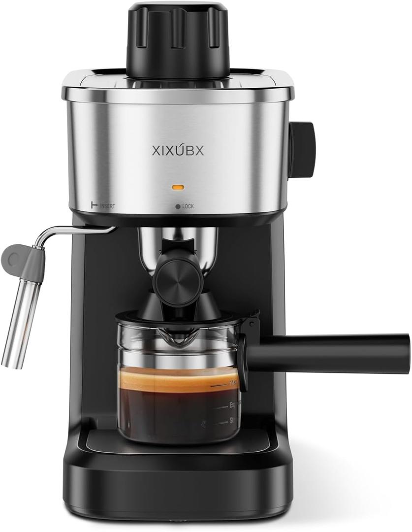 XIXUBX 6 Bar Espresso Machine, 800W Compact Coffee Maker with Stainless Steel Cup Warmer, Steam Milk Frother, Automatic Pressure Relief, Cappuccino & Latte Maker, Black, for Home and Office