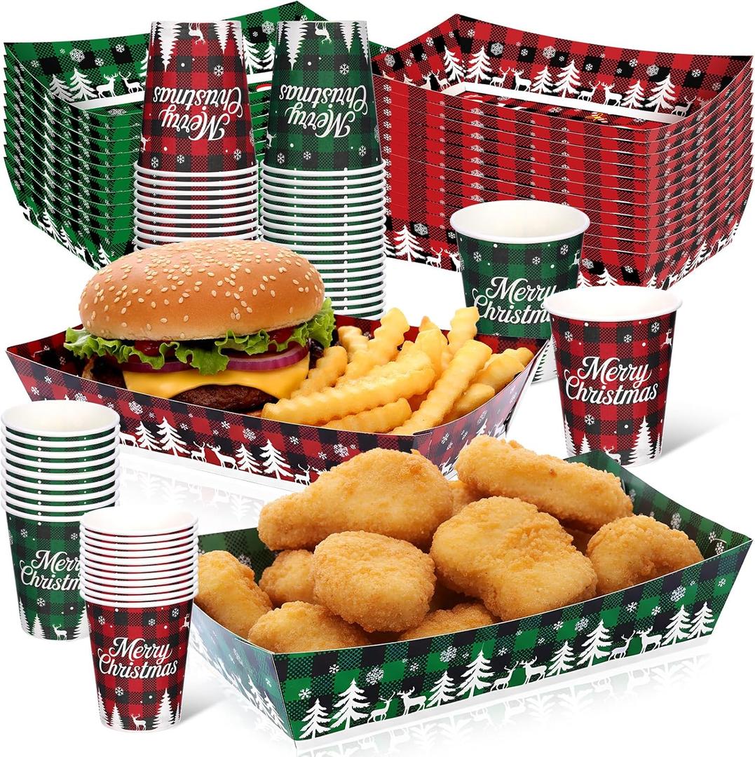 Acellegic 100 Pcs Large 10 x 7 '' Christmas Paper Food Trays Serving Plates and Disposable 9 oz Paper Cups Christmas Party Supplies Kit for Winter Holiday Xmas Party Decoration