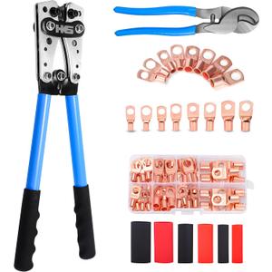 HKS Battery Cable Lug Crimping Tool 10-1 AWG with Cutter, 60Pcs Copper Ring Terminals & 60Pcs 3:1 Heat Shrink Tubing, Heavy Duty Wire Crimper Set for Battery Cables