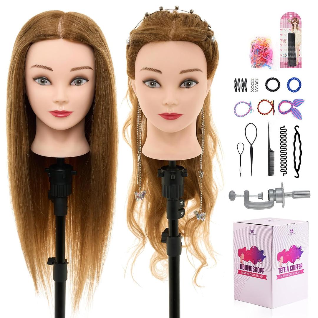 Neverland Beauty Mannequin Head With 60% Real Human Hair, 24 Inch Cosmetology Doll for Hair Styling, Hairdressing Training Practice Braiding Manikin With DIY Styling Set (Brown)