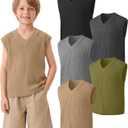 Xaatren 5 Pack Boys Tank Tops Sleeveless V Neck Loose Ribbed Shirts Kids Cap Sleeve Athletic Basic Undershirts 5-14 Years