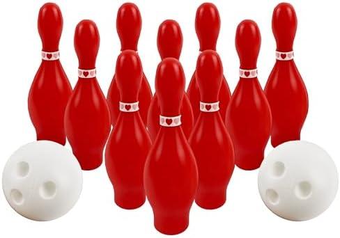 4E's Novelty Valentines Day Bowling Game Set - 10 Red Pins, 2 Balls, Indoor/Outdoor Backyard Carnival Game, Classroom Valentine's Party Games Galentines Activity for Kids Adults