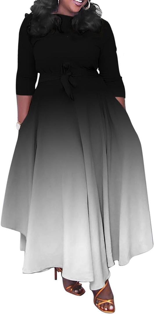 BFFBABY Women's Wrap V Neck Plus Size Maxi Dresses 3/4 Sleeves Chain Floral Printed Swing Dress with Belt