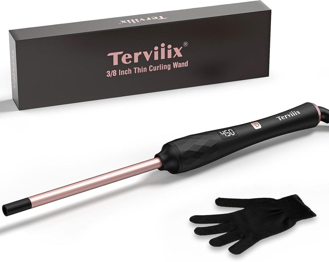 Terviiix Small Barrel Curling Iron Wand, 3/8 Inch Thin Curling Wand Iron for Short & Long Hair, Argan Oil and Keratin Infused Ceramic Curler with Digital Adjustable Temperature & Auto-Off, 9mm, Black