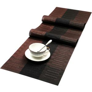 SHACOS Woven Vinyl Table Runners PVC Table Runners 12 x 90 inch Long Wipeable Bamboo Weave Runner for Tables Indoor Outdoor, Ombre Coffee Black