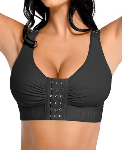 FeelinGirl Women Front Closure Post Surgery Compression Everyday Bras for Mastectomy Support with Adjustable Straps Wirefree Black L