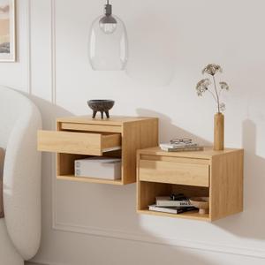 Floating Nightstands Set of 2, Mid Century Modern End Table with Drawer and Open Compartment Wall Mounted Wooden Bedside Night Stand Small Storage Cabinet for Bedroom, Natural Oak