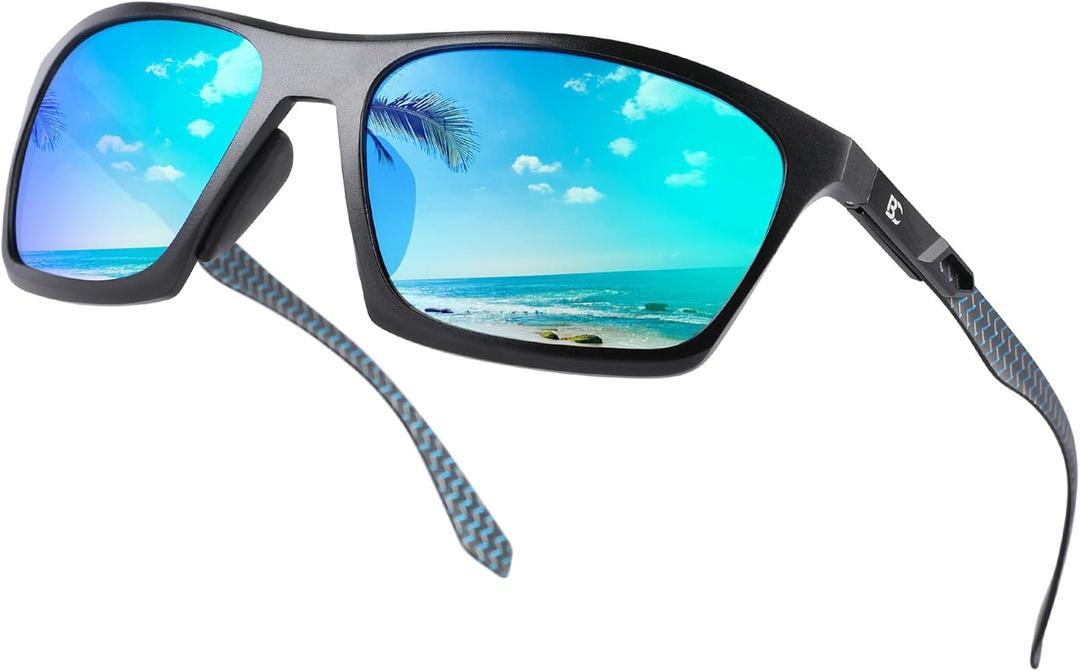 BIRCEN Men Sunglasses Polarized UV-Protection: Wrap Around Black Sport Shades for Mens Driving Fishing Golf (F-black/Blue)