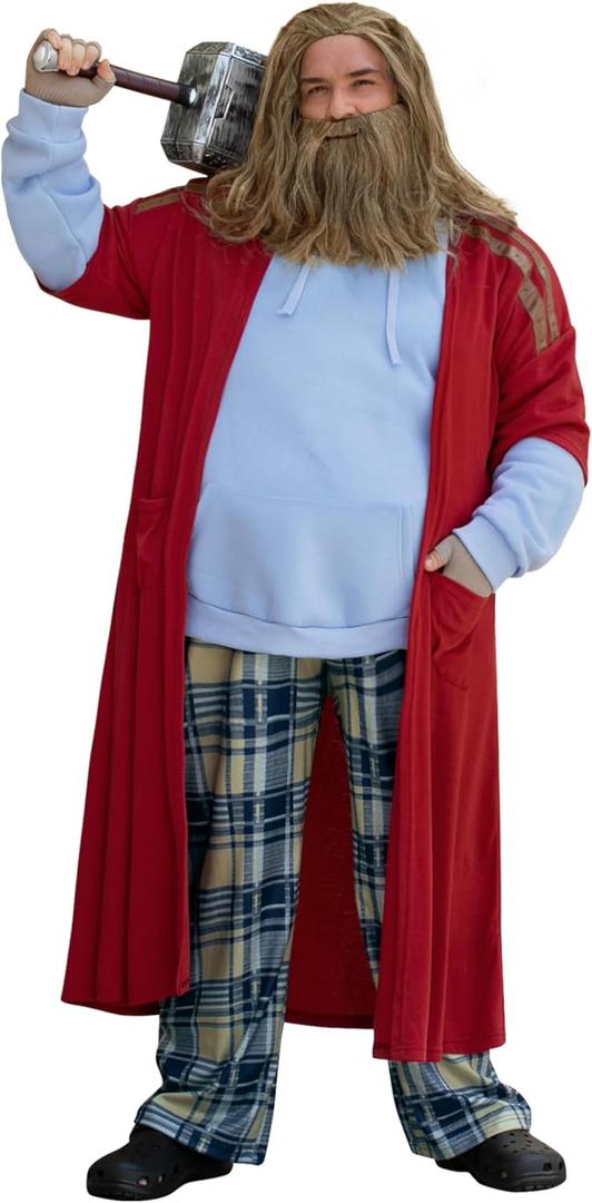 Mainfini 5 Pcs Fat Thor Costume Adult Men Superhero Full Set Hoodie Pants Robe Gloves Wig Outfit (L-2XL)