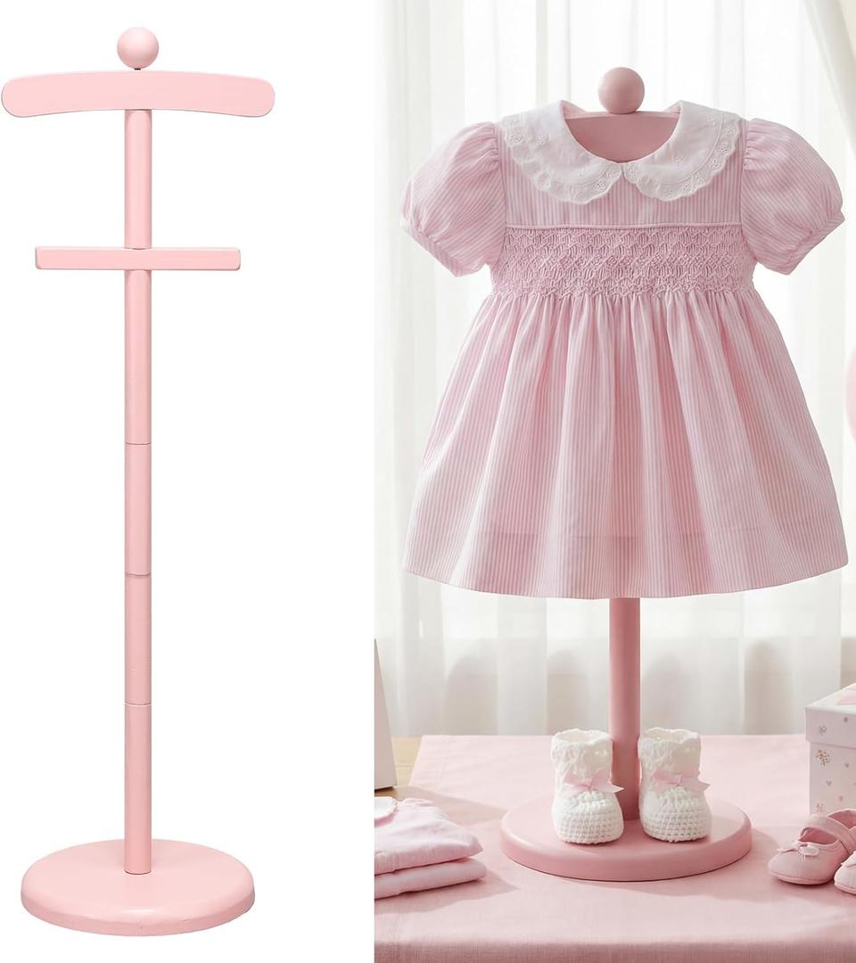 Bucherry 1 Pack Baby Clothes Display Stand Wooden Baby Shower Centerpiece Adjustable Height Circle Shaped Dress Hanger Doll Dress Outfit Stand Rack Hand Assembled Hangers Display Set (Pink Color)