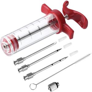 Meat Injector Syringe - 3 Marinade Injector Needles for BBQ Grill, Premium Portable Turkey Injector kit for Smoker, Marinades Injectors for Meats With 1oz Large Capacity 1 Brush Easy to Use & Clean Red