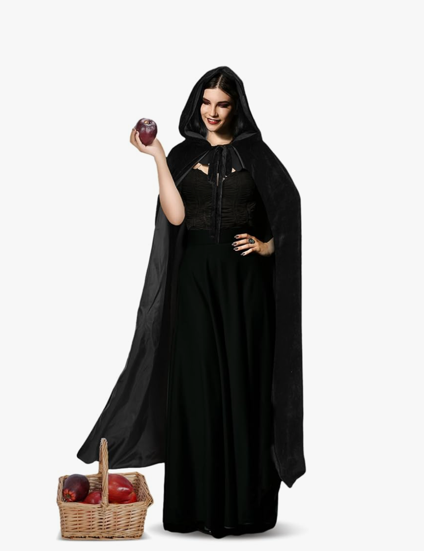 Halloween Queen Costume Accessories Black Velvet Hooded Cloak with Basket Evil Villain Costume Hooded Capes for Women Adult Halloween Cosplay