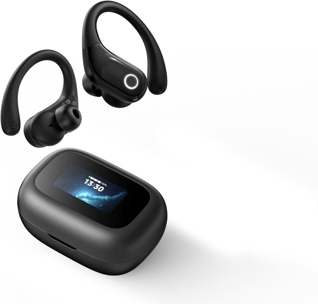 jaddsa Wireless Earbuds, ENC Noise Cancelling Sport Ear Buds with Multifunctional Touch Screen, Bluetooth 5.4 Headphones, Bass Stereo Sound, 5 EQ Over-Ear Earbuds for Sports/Workout/Gym-Black