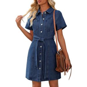 Women's Denim Dress Short Sleeve Jean Dress Denim Shirt Dresses Western Cowgirl Country Outfits with Pocket 2026 (Blue, Small)