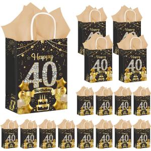 50Pcs 40th Birthday Party Favors Gift Bags Bulk, Black and Gold Happy 40th Gift Candy Wrap Bags with Tissue Paper, Vintage 40th Birthday Decorations Souvenir Bag for Men Women Anniversary Supplies (40th)