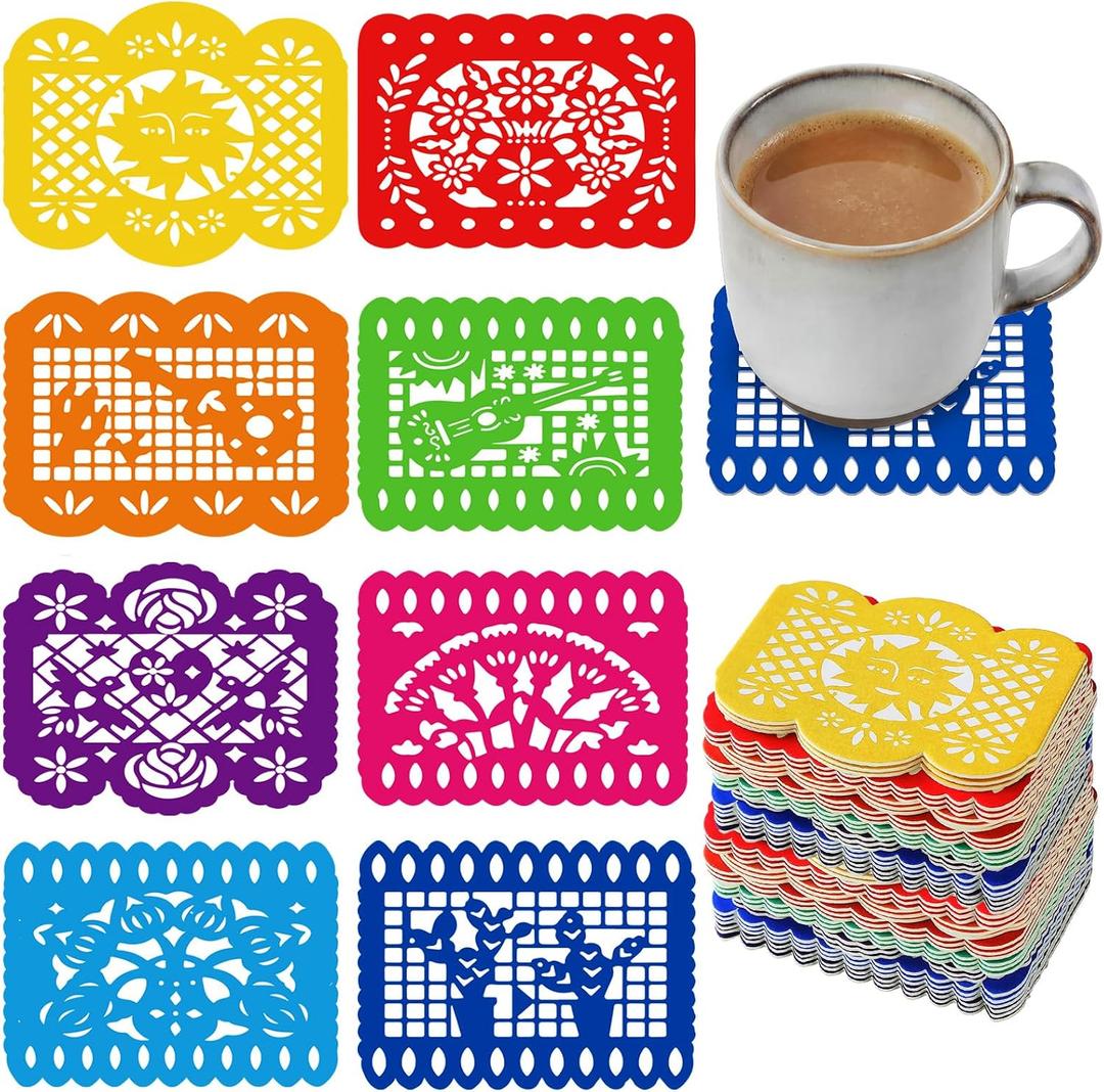 HunnmingRe 24 Pcs Fiesta Coasters for Mexican Table Protection with Papel Picado 4 Inches Absorbent Drinks Coasters for Cinco De Mayo Kitchen Decoration Taco Party Gifts Seder Decoration