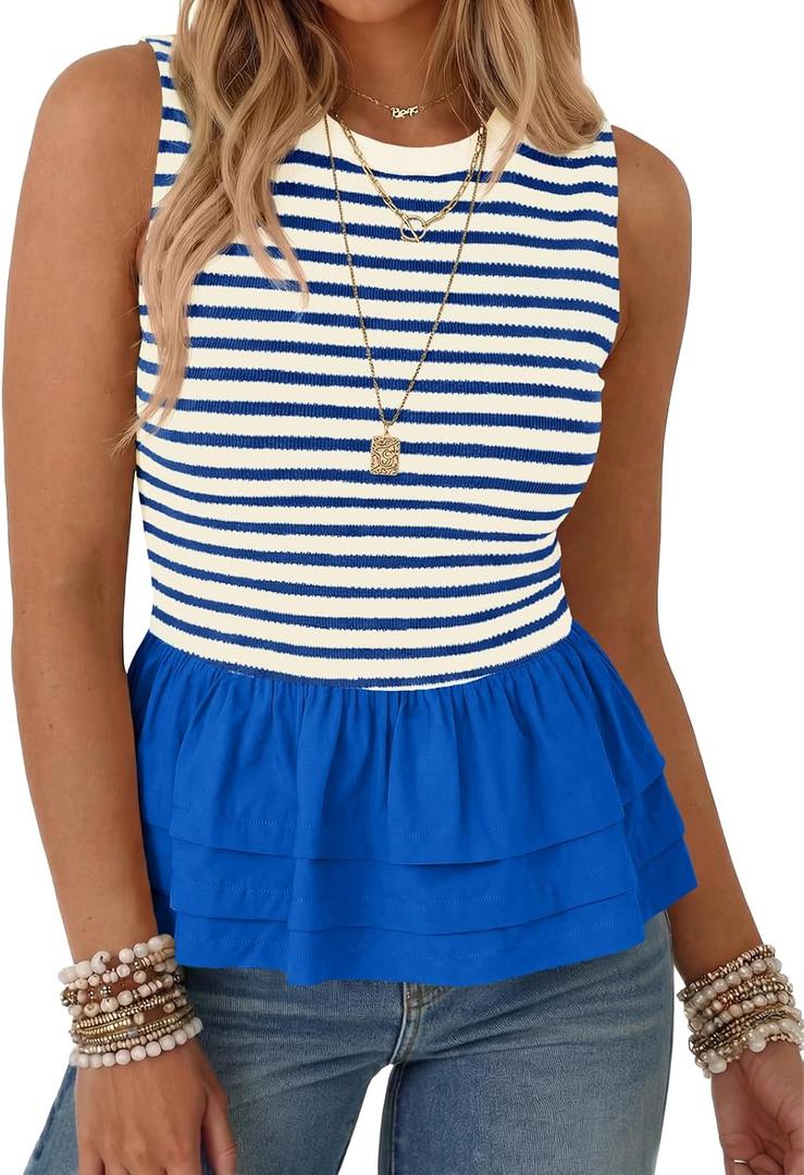 Tankaneo Womens Summer Striped Peplum Tank Tops | Casual, Crew Neck, Sleeveless, Color Block, Loose Fit Ruffle Blouse (Blue, S)