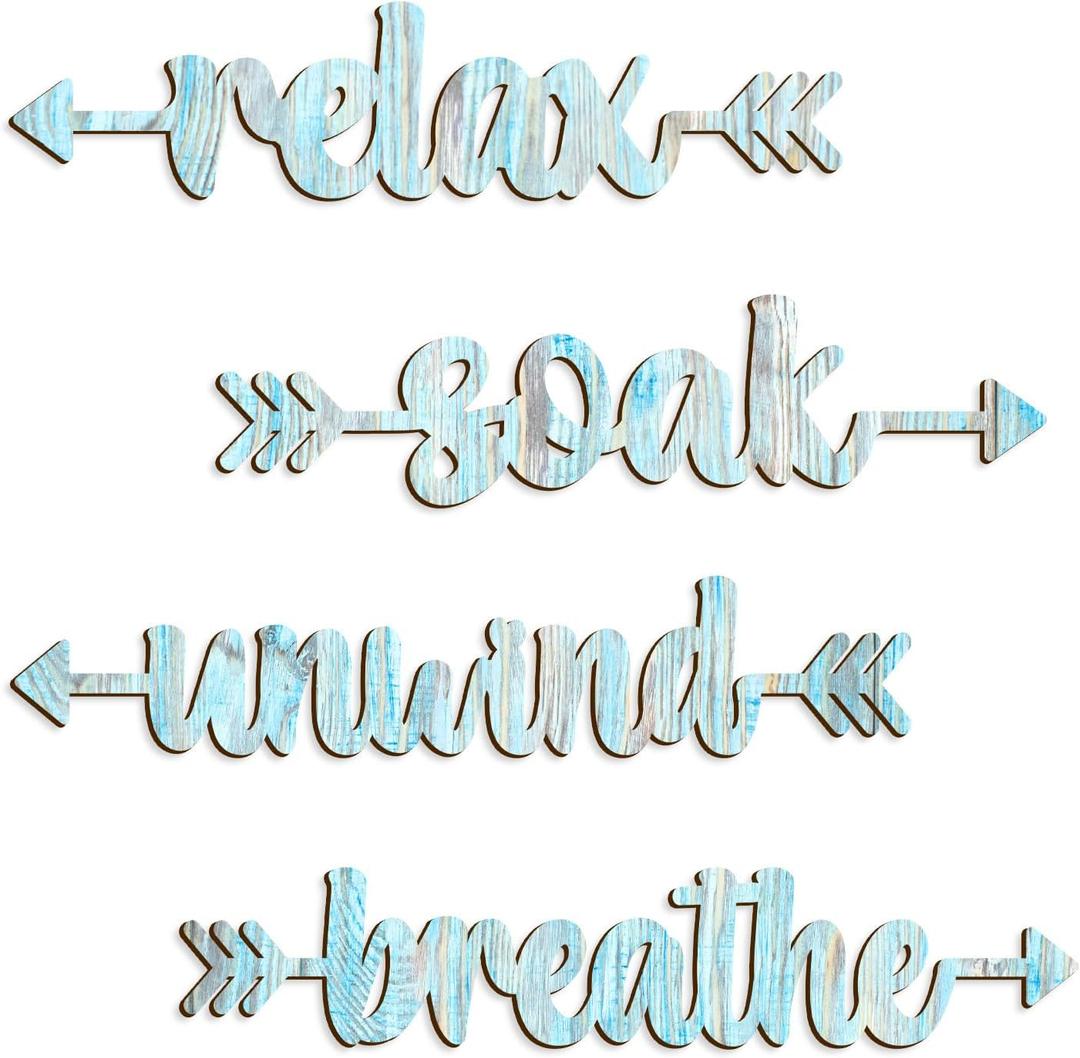 Pigort 4 Pcs Bathroom Wall Decor Wooden Soak Relax Unwind Breathe Plaque Wall Arts Decorations Cutout Farmhouse Sign for Toilet Dressing Room Laundry Room (Tin)