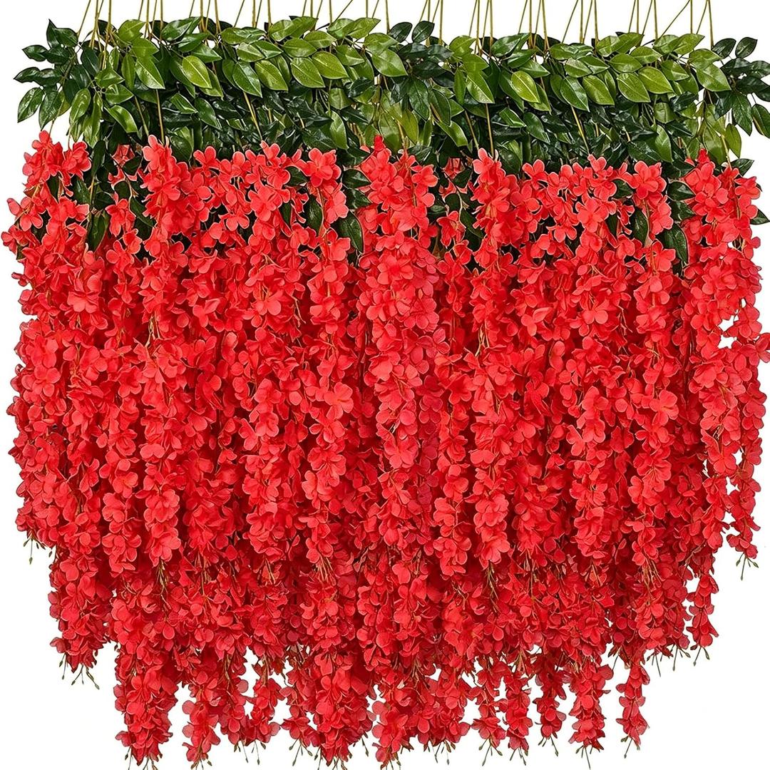 Artificial Wisteria Hanging Flowers Fake Wisteria Flower Garland Silk Vines Rattan Decor for Home Wedding Arch Wall Garden Greenery Bedroom Outdoor Office Party Decoration (48, Red)