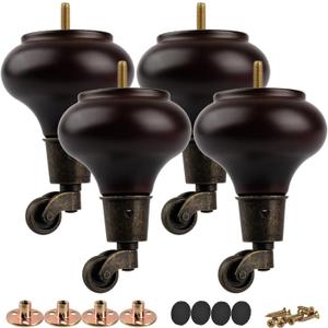 5 inch / 13cm Wooden Furniture Legs with Casters Wheels, Pack of 4 Classic Walnut Solid Wood Round DIY Replacement Bun Feet for DIY Project Sofa Couch Cabinet Ottoman Bed Riser