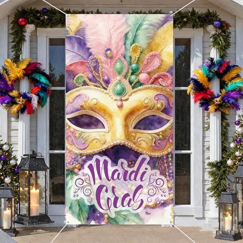 Mardi Gras Decorations Door Cover,Mardi Gras Banner,Colorful Mask Scene Backdrop Fat Tuesday Brazil Carnival Masquerade Party Birthday Decoration and Supplies for Home-71×35'' (Pink, gold and purple)