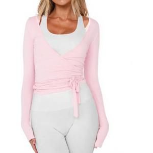 Women Ballet Wrap Top Long Sleeve Self Tie Dance Shirt Pilates Yoga Tops Y2k Workout Active Blouses (US, Alpha, Medium, Regular, Regular, Pink)