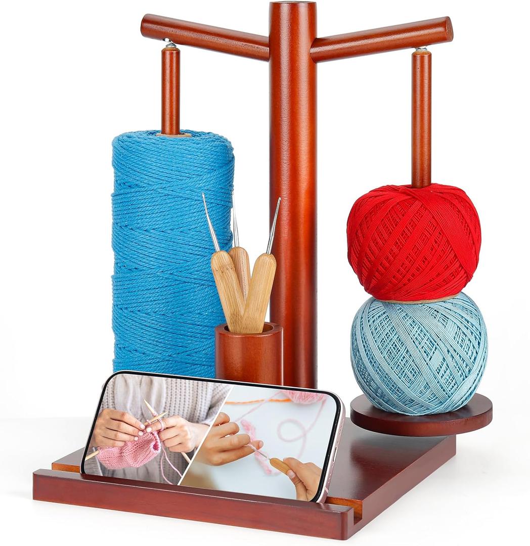Yarn Holder for Crocheting, Wooden Rotating Yarn Spinner with 2 Spindles and Phone Stand, Magnetic Spinning Yarn Holder for Crochet Knitting Lovers