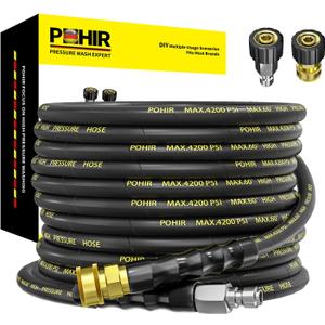 POHIR Power Washer Hose 25FT x 1/4 Inch with 3/8" Quick Connector, High Tensile Wire Braided Heavy Duty Kink Resistant High Pressure Hose 4200PSI, 2 Pcs M22 to 3/8 Adapters Set Accessories