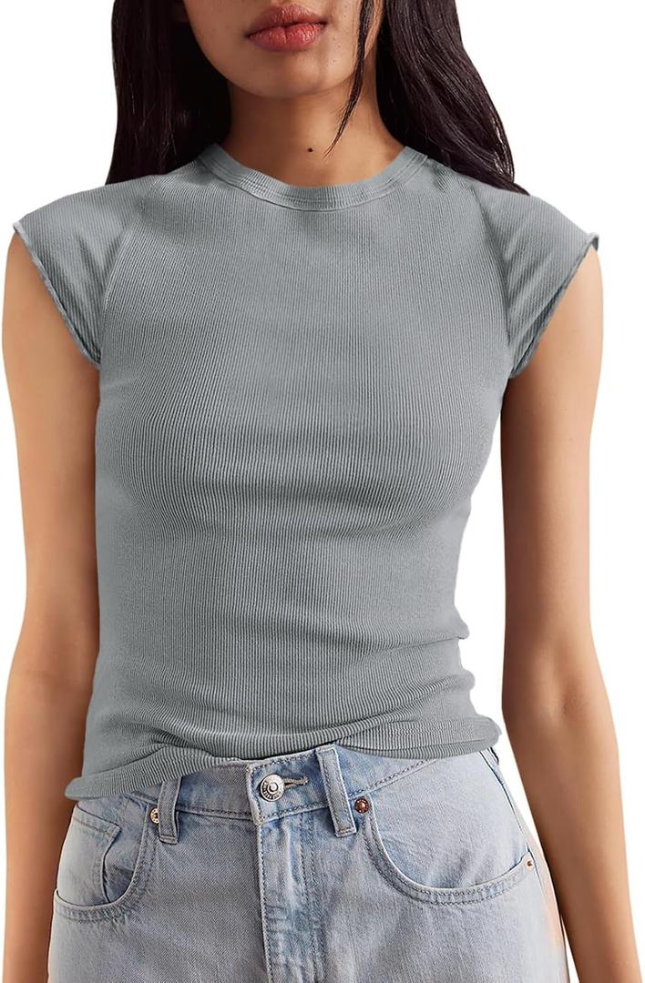 Tankaneo Womens Cap Sleeve Tops Crew Neck Ribbed Knit T Shirt Summer Casual Slim Fit Basic Tees Tshirt (L)