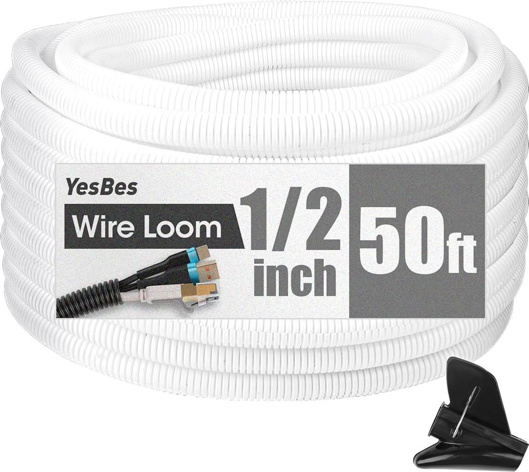 50 FT Wire Loom 1/2 Inch, Split Wire Loom Tubing Wire Conduit with Installation Tool, Flexible Wire Protector Tubing White