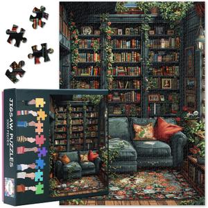 Jigsaw Puzzles for Adults 1000 Pieces - Vintage Library with Bookshelves, Plants & Cozy Fireplace, Premium Quality Adult Puzzles - Completed Size 27.5x19.7 in
