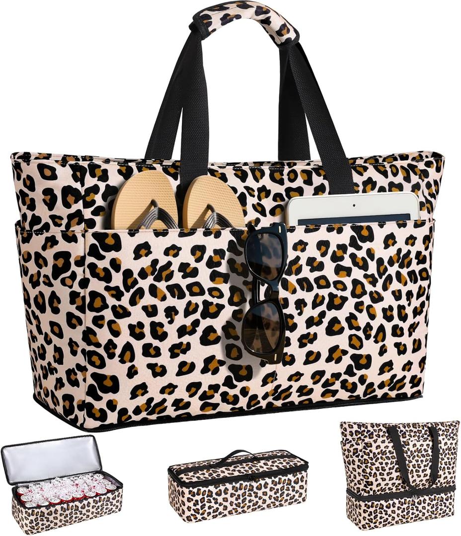 ISEYOU Beach Bag with Cooler, 49L Large Family Beach Tote with Zipper, Waterproof Sandproof Beach Bags for Women and Men, Foldable Lightweight Travel Bag for Pool, Picnic, Gym (Leopard Print)
