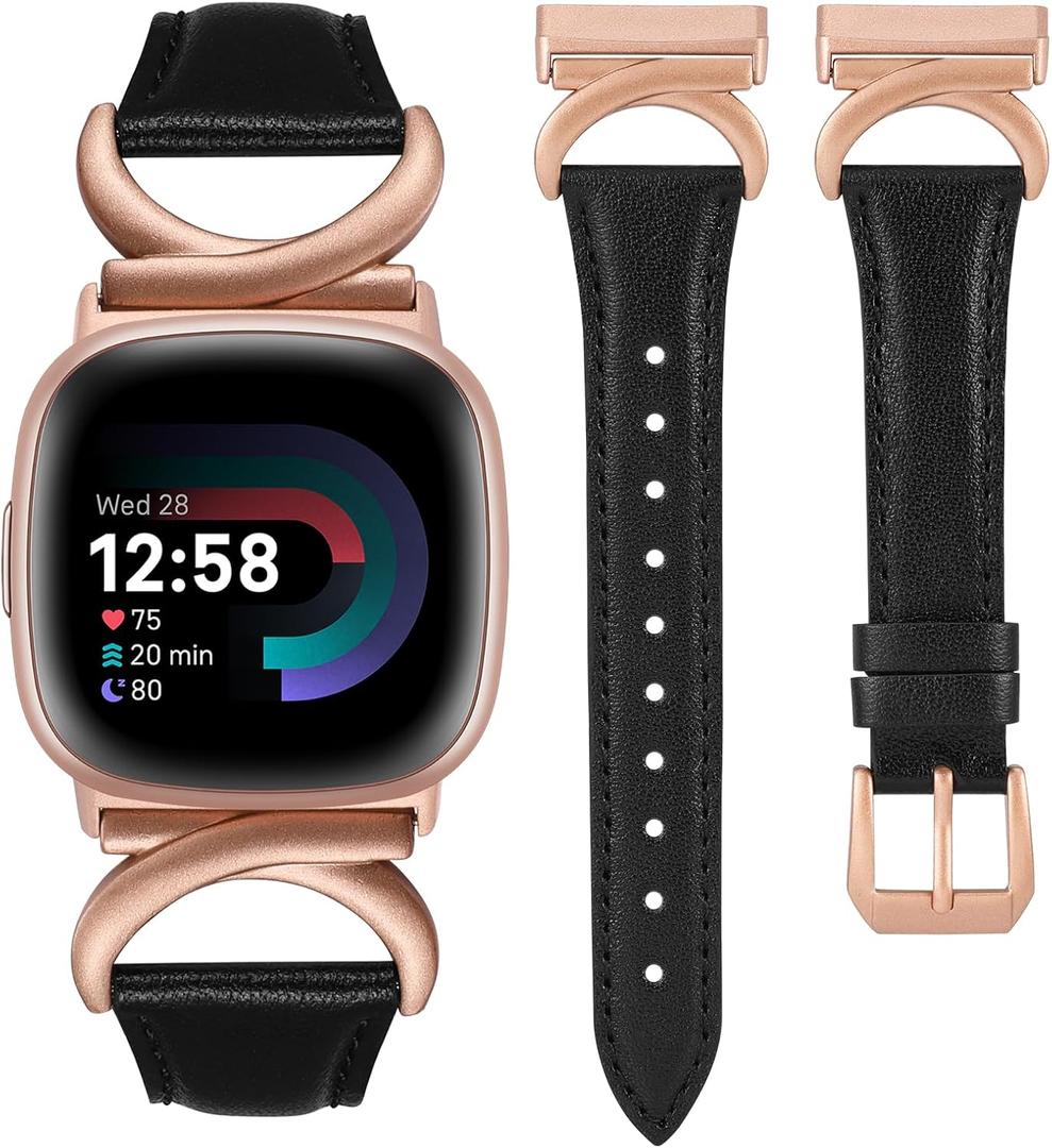 Minyee Leather Bands Compatible with Fitbit Versa 4/Versa 3/Fitbit Sense 2/Sense Band Women, Slim Thin Dressy Designer Premium Leather Strap with C-Shape Metal Buckle for Versa 3 4 Sense 2 Smartwatch