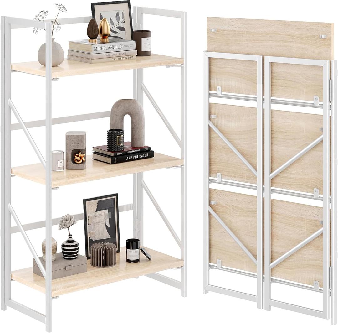 JSB 3 Tier No Assembly Folding Bookshelf, Industrial Metal Book Shelf for Storage, Vintage Wood Foldable Bookcase for Living Room, Bedroom, Office Organization Shelves, Flat Tube 3-Tier
