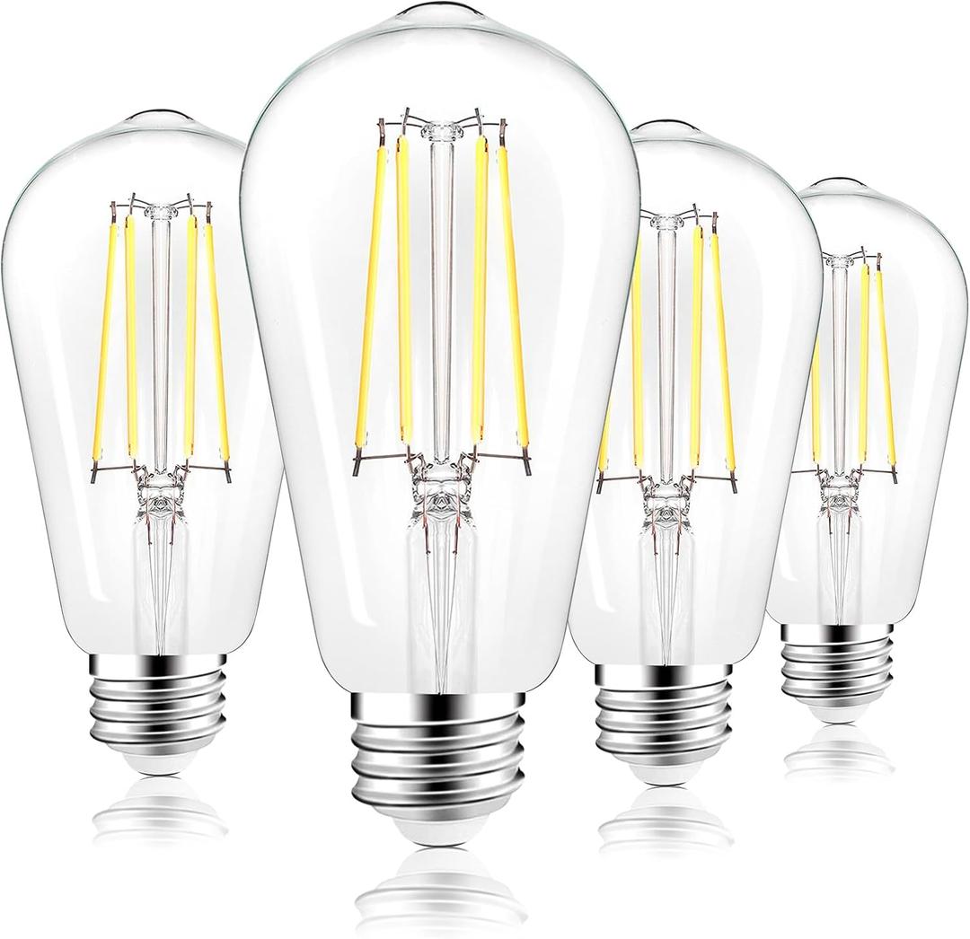 PARTPHONER LED Light Bulbs Dimmable Vintage Edison Bulb, E26 LED Bulb 60W Equivalent 720 Lumens, Daylight 5000K, ST58 Antique LED Filament Bulb CRI 85+, Clear Glass, Pack of 4, PABB042DN4