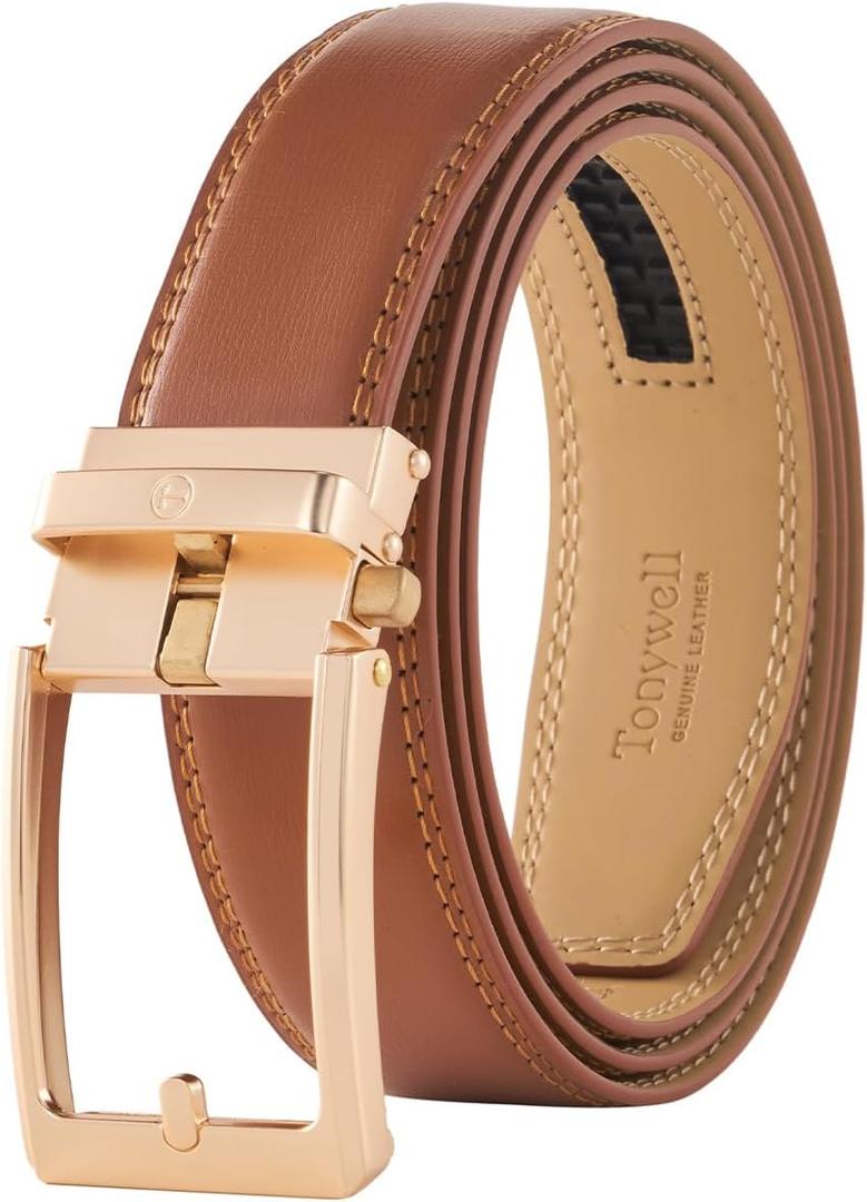 Tonywell Men's Leather Ratchet Belt, 1 3/8" Adjustable Dress Belt, Trim to Fit