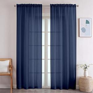 OWENIE Crushed Voile Navy Sheer Curtains 96 Inches Long 2 Panles Set for Living Room/ Bedroom, Rod Pocket Elegant Crinkled Light Filtering Semi Sheer Drapes, 2 Pieces Total 84" Wide