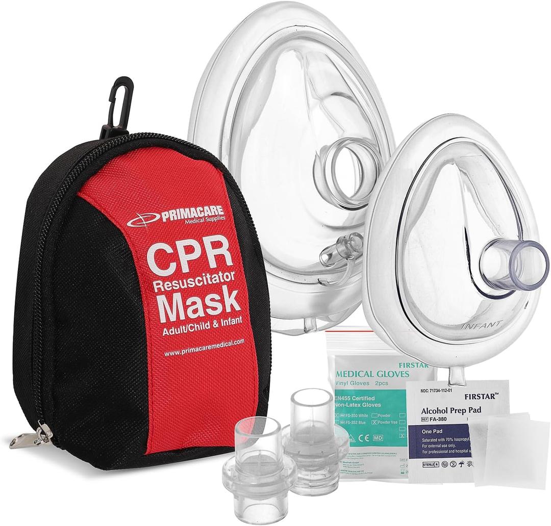Primacare RS-6848 First Aid CPR Mask Combo Kit for Adult and Infant  Emergency Resuscitator Set with 2 Valves, Vinyl Gloves, Alcohol Prep Pads & Carrying Case Included