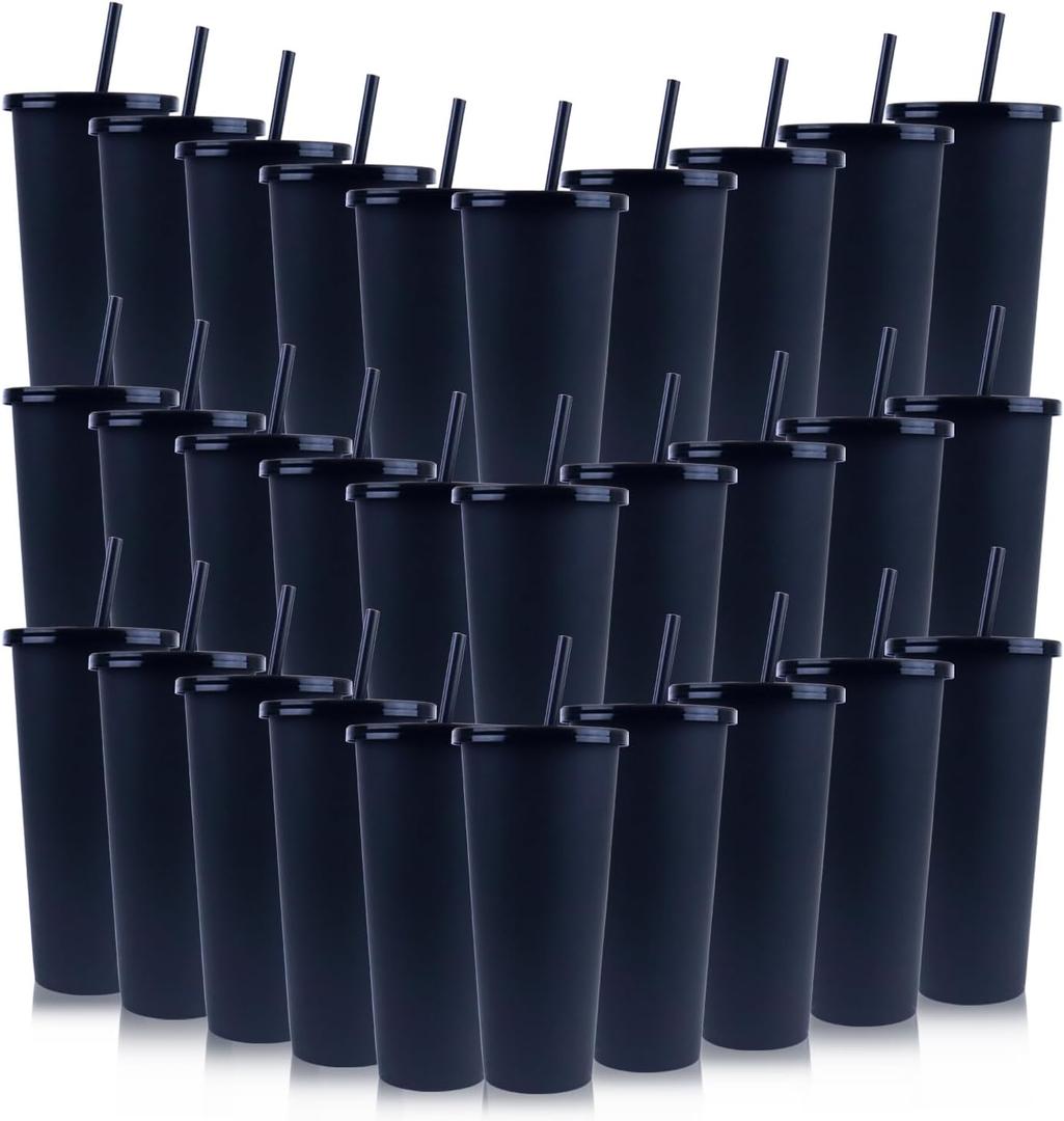 Ahongwenxi 30 Pack Halloween Black Plastic Cups with Lids and Straws, 24 oz Disposable Plastic Tumblers Iced Coffee Cups Travel Mug Cup for Juices Birthday Bachelorette Party Wedding (Black,24 oz)