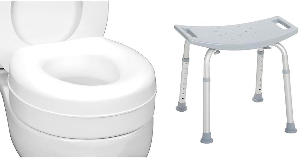HealthSmart Raised Toilet Seat Riser That Fits Most Standard (Round) Toilet Bowls for Enhanced Comfort and Elevation with Slip Resistant Pads & Drive Medical RTL12203KDR Shower Chair