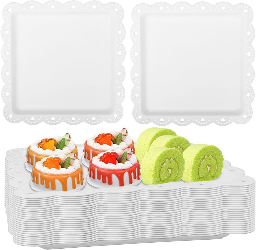 White Plastic Serving Trays,20 Pack Square Serving Platters Decorative White Tray Dessert Table Trays,Cake Serving Platters Catering Trays Cookie Serving Trays Fast Food Trays,9.6x9.6